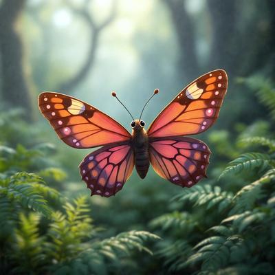 Primary subject: A butterfly with orange wings and a brown body.

Setting/background: A forest with green trees and ferns.

Visual style: Digital art.

Colors and mood: The butterfly has orange wings and a brown body, creating a vibrant and lively atmosphere.